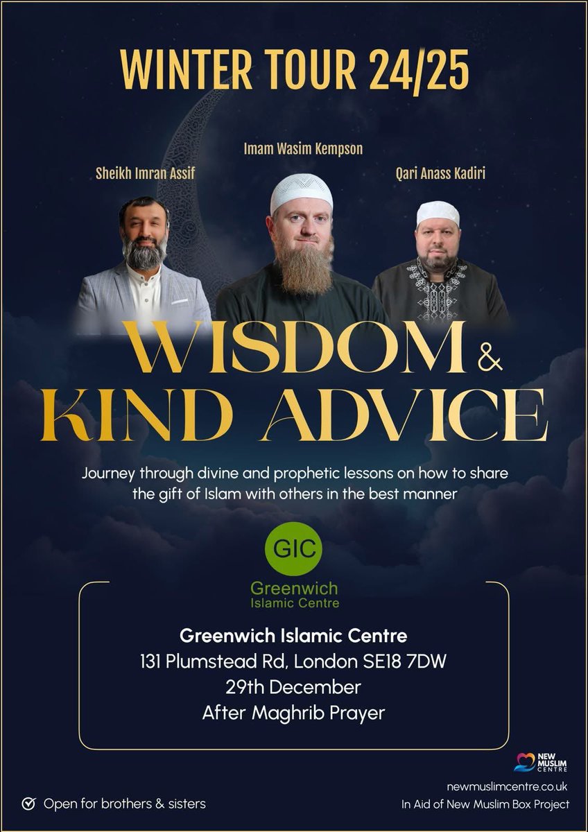 GICMosque's tweet photo. 🌙 Join us for an uplifting evening on December 29th at 16:15 (after Maghrib Prayer) 📖✨ Experience beautiful Quran Recitation by Qari Anass Kadiri, insightful Tafseer by Shaykh Imran Assif, and valuable guidance on giving Dawah from Imam Wasim Kempson. Don't miss out! https://t.co/m9yYswvc18