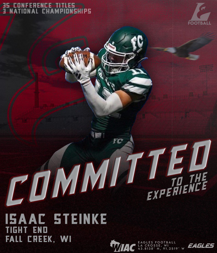 Isaac Steinke (@isaacsteinke11) on Twitter photo Let’s work, Roll Eagles!🦅
#commited @CoachMacUWL <a href="/AndrewMcGlenn/">Andrew McGlenn</a> <a href="/CoachAmbrose_/">Jerred Ambrose</a> <a href="/UWLCoachJanus/">Matt Janus</a> <a href="/UWLEagleFB/">UW-La Crosse Football</a> Let’s work, Roll Eagles!🦅
#commited @CoachMacUWL <a href="/AndrewMcGlenn/">Andrew McGlenn</a> <a href="/CoachAmbrose_/">Jerred Ambrose</a> <a href="/UWLCoachJanus/">Matt Janus</a> <a href="/UWLEagleFB/">UW-La Crosse Football</a>