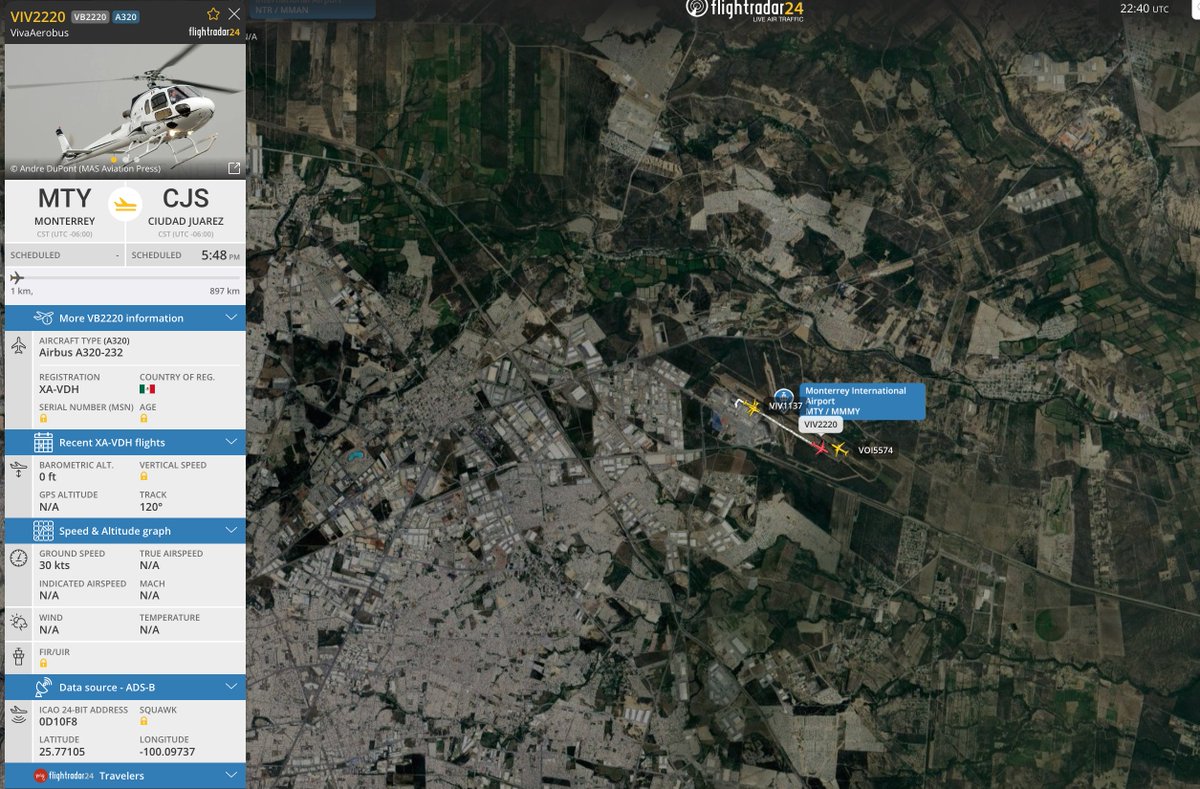 El vuelo VIV2220 está despegando ahora rumbo a su destino, ahora desde MTY en un #A320 con matrícula XA-VDH. (Un avión con antigüedad que recientemente se integró a Viva y tiene nueva librea)