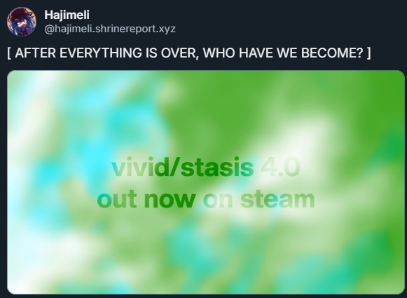 full_combo_max's tweet image. NEW POST FROM HAJIMELI 

VIVID/STASIS 4.0 OUT NOW GO GO PLAY IT PLAY IT NOWWWW

#vividstasis #rhythmgames