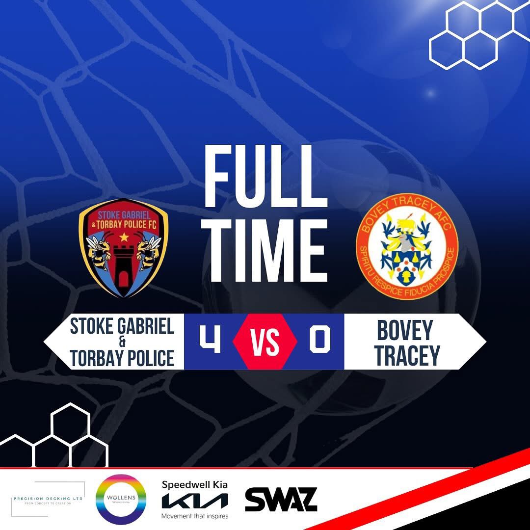 FULL TIME

Stoke &amp; Torbay Police 4
Bovey Tracey 0

B Aldous ⚽️⚽️
Vanes ⚽️
Herbert ⚽️

3 points and a clean sheet in a game that was far closer than the scoreline suggests. 
We punished a couple of Bovey errors and managed the game out well. 

This result takes us back into 4th