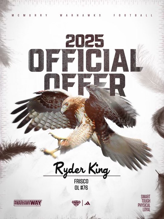 The1RyderKing's tweet photo. #AGTG Blessed to receive an official offer from @McMURRYFOOTBALL. Thank you, @CoachMNewby. #warhawkway

@CoachHarbert 
@FHSRACCOONFB 
@FriscoFB https://t.co/6uER64CsAS
