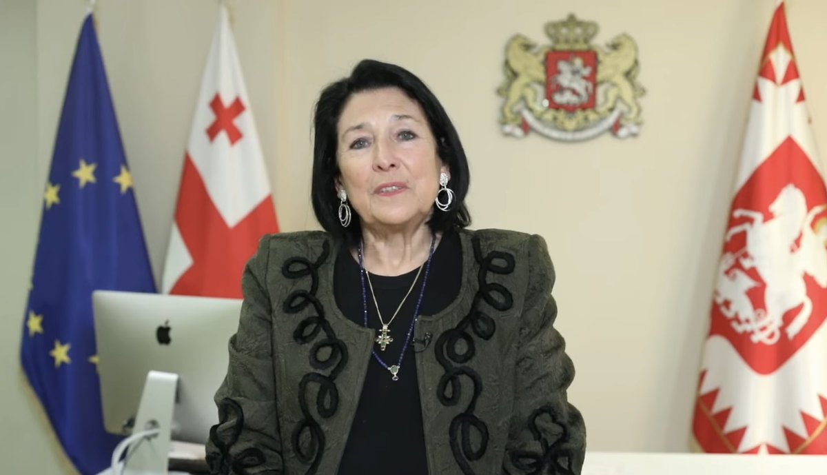 KShoshiashvili's tweet photo. President @Zourabichvili_S will stay at her presidential residence tomorrow as an oligarch plans to install his puppet president.

“I am here, and I will spend the night here. Tomorrow, at 10 a.m., I will wait for you at the Orbeliani Palace, and from there, I will tell you what tomorrow will be like. I will tell you what the following days will be like and what the days of victory will look like,” Salome Zurabishvili said in her TV address to the nation.