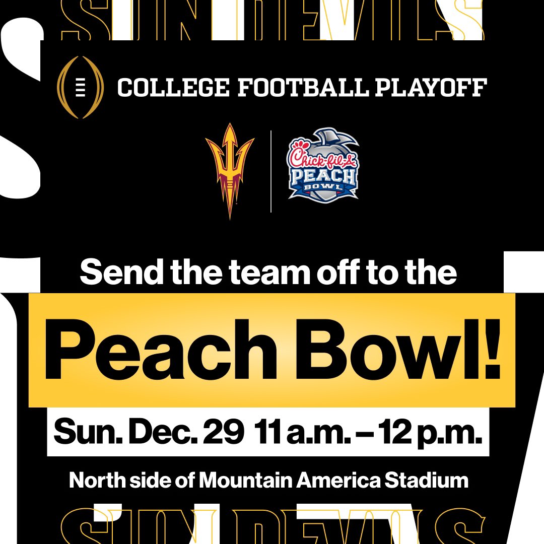Arizona State Sun Devils (@thesundevils) on Twitter photo Come send off <a href="/ASUFootball/">Sun Devil Football</a> tomorrow from 11am - 12pm on the north side of Mountain America Stadium!
Parking will be available in Lot 59 between the stadium and Mullett Arena. The spirit squad will be in attendance, along with a poster-making station for fans!
#ForksUp /// Come send off <a href="/ASUFootball/">Sun Devil Football</a> tomorrow from 11am - 12pm on the north side of Mountain America Stadium!
Parking will be available in Lot 59 between the stadium and Mullett Arena. The spirit squad will be in attendance, along with a poster-making station for fans!
#ForksUp ///