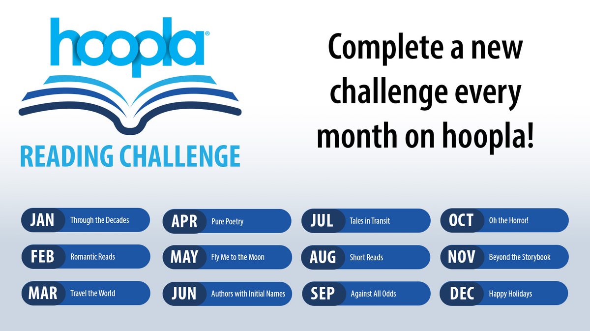 hooplaDigital's tweet photo. Introducing the hoopla Reading Challenge! 📖 Complete a new reading challenge every month by using our accompanying hoopla collection. ✔️ Be sure to @ mention us and use #hooplachallenge for a chance to be featured on our Instagram! 📲 Stay tuned for the January challenge! https://t.co/arf97VdLSq