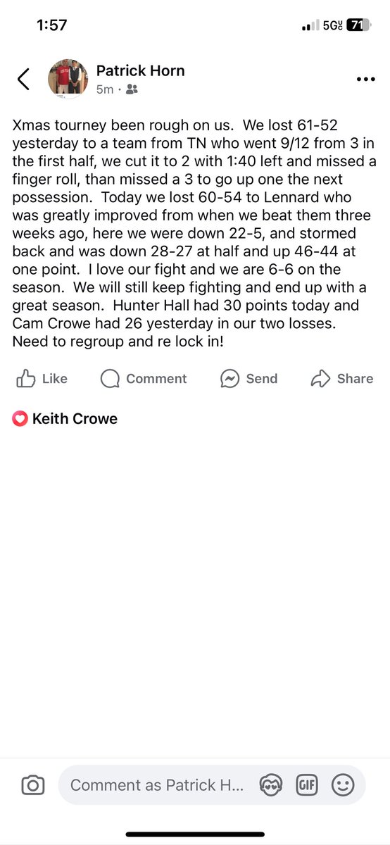 Coach Patrick Horn (@coach_horn33) on Twitter photo Crest 0-2 so far in Wiregrass Xmas Tourney. 6-6 on the season. Yesterday Cam Crowe has 26 in a 61-52 Loss, today Hunter Hall goes for 30 in a 60-54 loss. We will regroup and keep fighting! <a href="/Hunter_Hall8/">Hunter Hall</a> <a href="/CamCrowe7227/">Cameron Crowe</a> Crest 0-2 so far in Wiregrass Xmas Tourney. 6-6 on the season. Yesterday Cam Crowe has 26 in a 61-52 Loss, today Hunter Hall goes for 30 in a 60-54 loss. We will regroup and keep fighting! <a href="/Hunter_Hall8/">Hunter Hall</a> <a href="/CamCrowe7227/">Cameron Crowe</a>