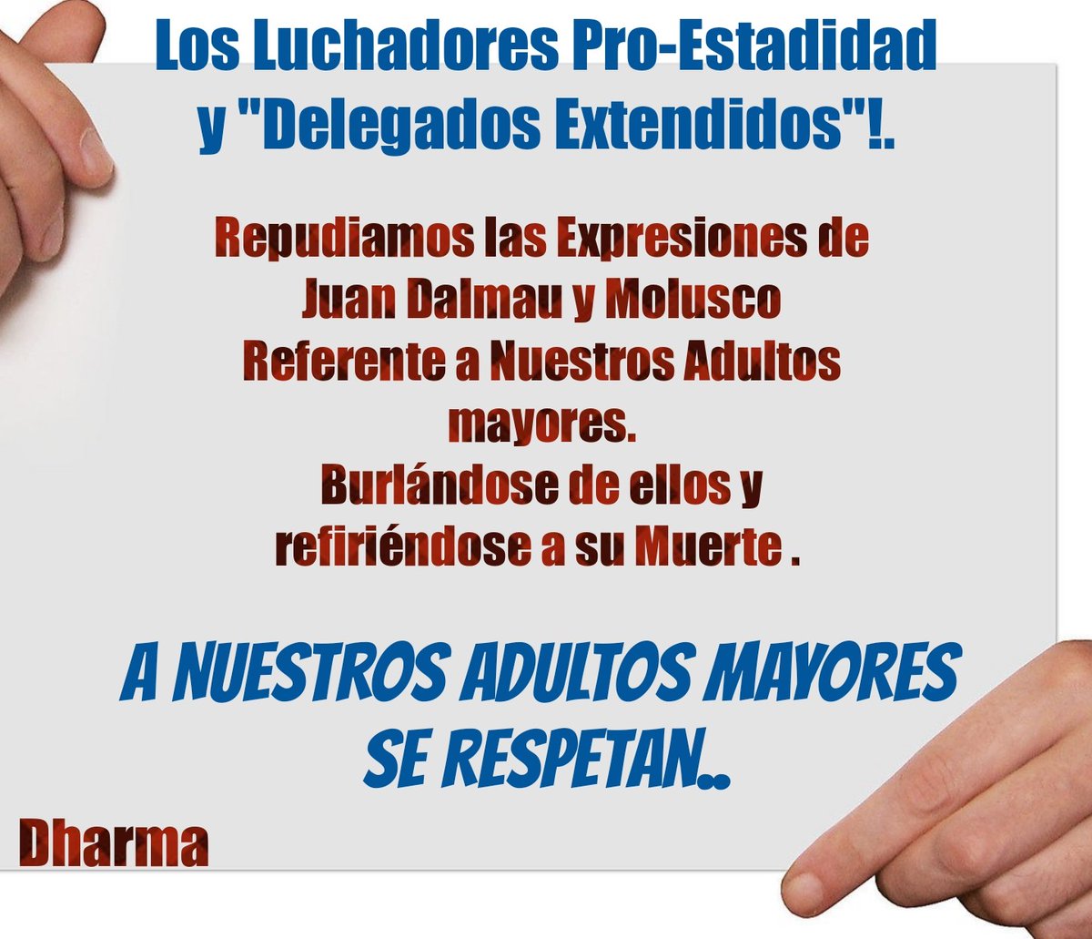 Nosotros los PNPS le pedimos a nuestro liderato acción sobre las expresiones de Juan Dalmau y Molusco sobre nuestros Adultos mayores refiriéndose a su Muerte. Basta ya!.
<a href="/CidEloisa/">Eloisa Cid</a> 
<a href="/gmatiaspr/">Senador Gregorio Matias</a> 
<a href="/JoseAponte51/">José Aponte Hernández</a> 
<a href="/Jenniffer/">Jenniffer González</a> 
<a href="/barricada_azul1/">Barricada Azul</a>