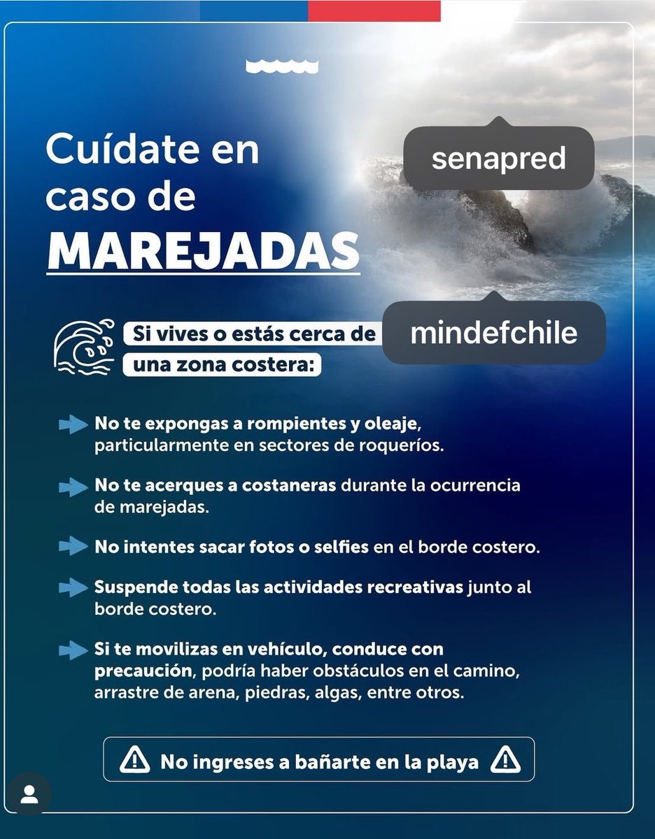 Entre el 27 y 31 de diciembre se registrarán marejadas en el borde costero. Actúa con responsabilidad, no te acerques a bordes ni lugares rocosos y solo ingresa al
Mar en lugares habilitados para ello.