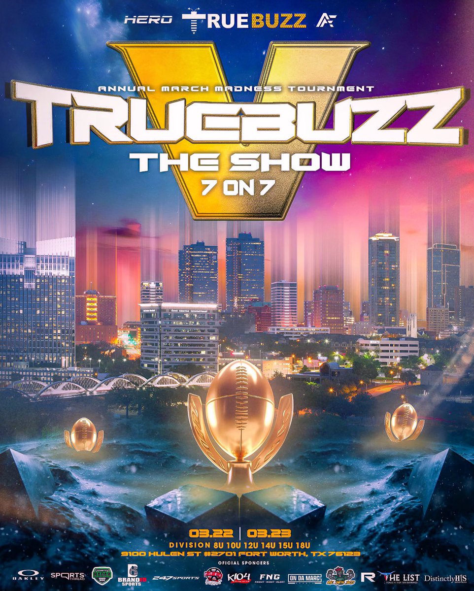 The wait is over! 🏈🐝

True Buzz Athletics presents March Madness: The Show 7v7 Tournament!

📅 March 22-23, 2025
📍 9100 Hulen St, Fort Worth, TX
Divisions: 8U-18U

Elite talent. Epic competition. Don’t miss it! 🚨

Stay tuned for registration updates!