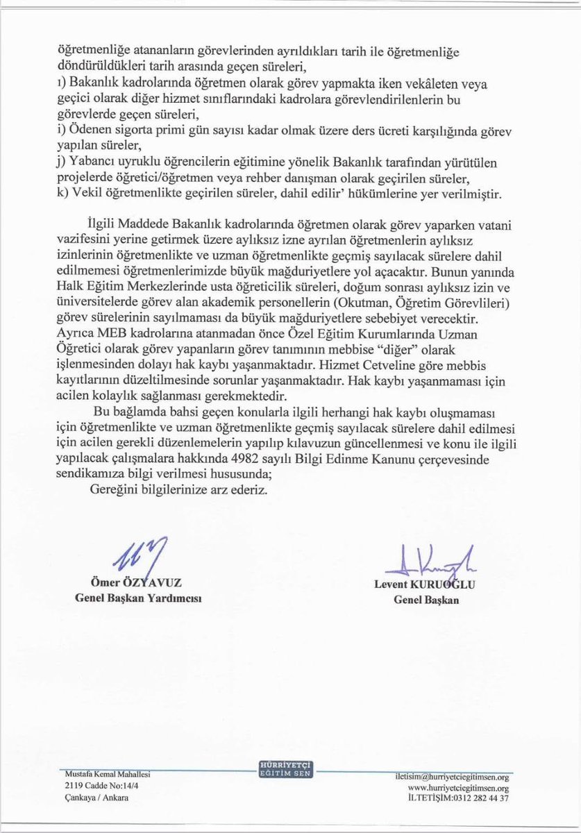 TRogretmen's tweet photo. Hürriyetçi Eğitim Sen (@HurEgitimSen ) Öğretmenlikte ve uzman öğretmenlikte geçmiş sayılacak sürelere;
1️⃣ Askerlik için aylık izne ayrılanların aylıksız izin süreleri 
2️⃣ Halk Eğitim Merkezlerindeki usta öğreticilik süreleri 
3️⃣ Doğum sonrası aylıksız izinler 
4️⃣ Ders ücreti karşılığında görev yapan öğretmenlerin ödenen sigorta primi gün sayısı yerine çalıştığı gün sayısı 
5️⃣ Üniversitesilerde görev alan akademik personellerin (Öğretim Görevlileri, Okutman) görev süreleri
dahil edilerek herhangi bir mağduriyet oluşmamasını ve ivedilikle bir düzenleme yapılarak kılavuzun güncellemesini Millî Eğitim Bakanlığı ndan talep etti.