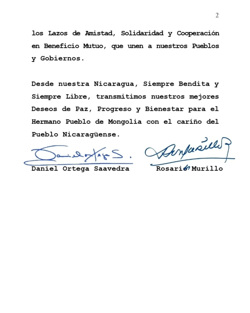 Mensaje de Saludo y Felicitación del Presidente-Comandante Daniel, y la Compañera Rosario, a Hermano Ukhnaagiin Khürelsükh, Presidente de #Mongolia, en ocasión de conmemorarse el 114 Aniversario del Día de la Independencia en ese Hermano País.