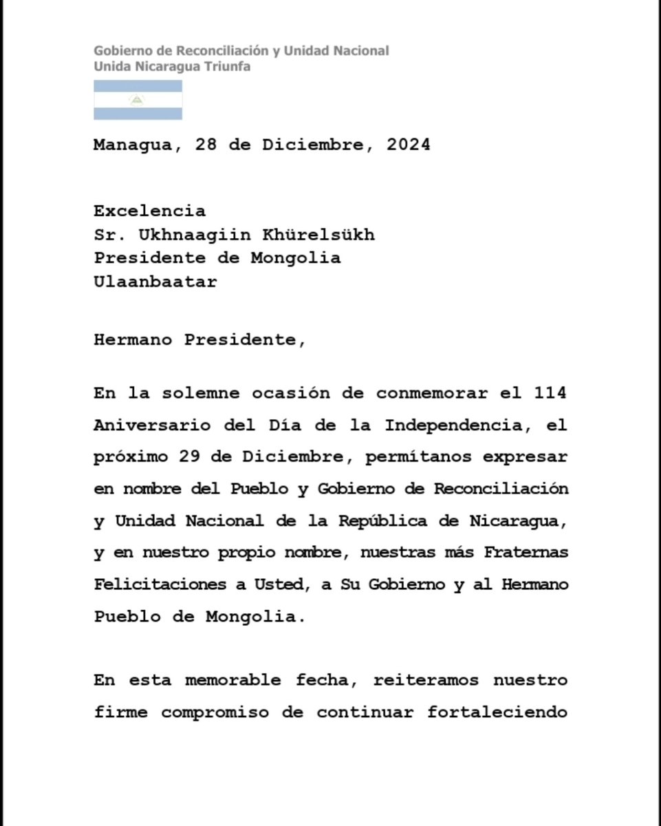 el19digital's tweet photo. Mensaje de Saludo y Felicitación del Presidente-Comandante Daniel, y la Compañera Rosario, a Hermano Ukhnaagiin Khürelsükh, Presidente de #Mongolia, en ocasión de conmemorarse el 114 Aniversario del Día de la Independencia en ese Hermano País. https://t.co/B6jft5n8qQ