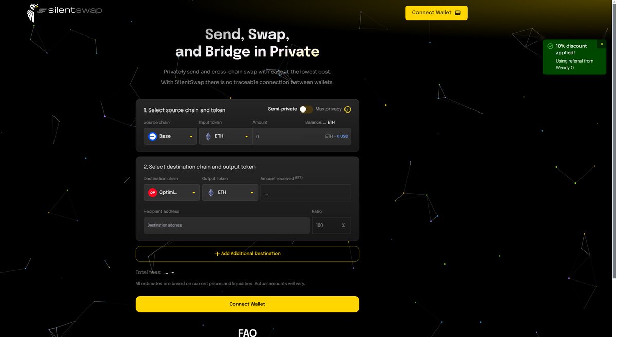 Silent Swap is so sleek and private! 

You can get 10% off fees 👇
app.silentswap.com/?referral=wend…