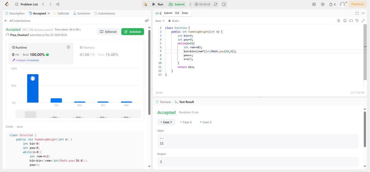 Priya_Chauhan05's tweet image. Hello Connections!!!
✨This is day 69/100day #javaDSA🚀
Today day started with DSA revision on Array, 2D Array, String, Sorting, Bit Manipulation and Recursion.
Solved one problem from #Leetcode
✔Number of 1 Bits(Easy)
#ProblemSolving #DSA #Java #Leetcode #Consistency