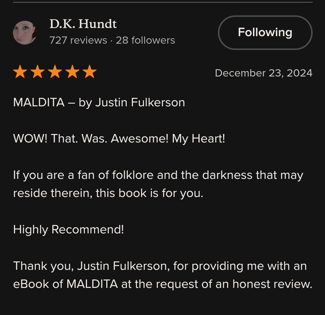 JustinFulkerson's tweet image. Latest 5 star review of Maldita from Goodreads. #books
#horror
Available here:
amazon.com/dp/B0DKDBNC8S