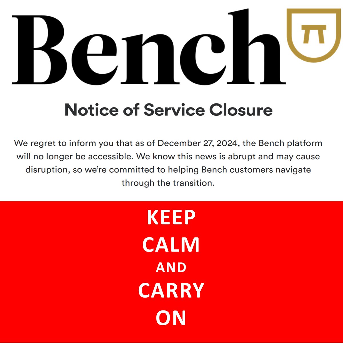 🔔 Key Deadlines After <a href="/Bench/">Bench Accounting by Mainstreet</a>  Shutdown: 📅 January 31, March 1, March 15, April 15

Yesterday, <a href="/Bench/">Bench Accounting by Mainstreet</a> Accounting announced an immediate shutdown of their platform, leaving customers scrambling to find a new accounting and tax plan.

For business owners, this can feel like a