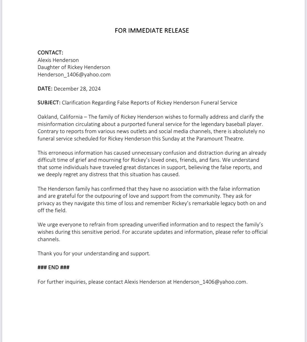 An important message from Alexis Henderson, daughter of Rickey Henderson:
#oakland