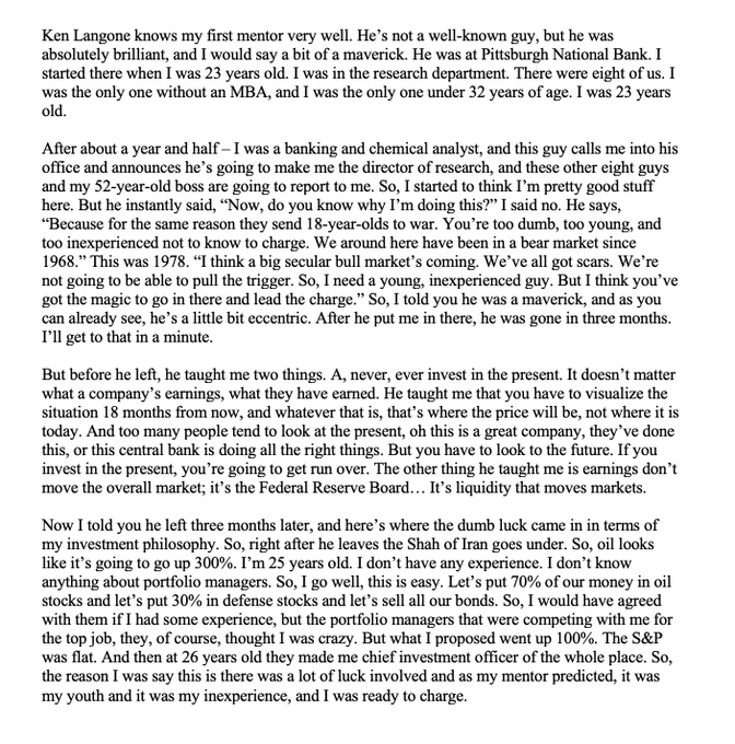 Druckenmiller on why you should never invest in the present.

"It doesn't matter what a company's earning, what they have earned - you have to visualise the situation 18 months from now - that's where the price will be".