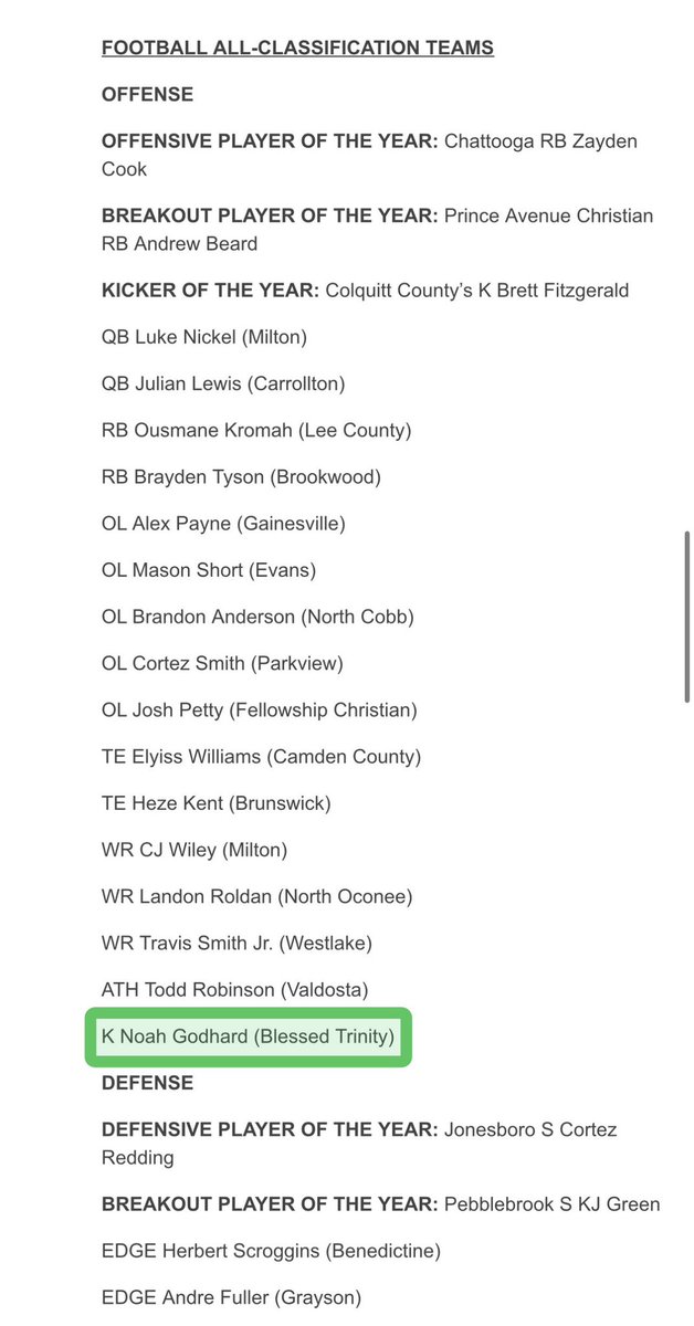 Noah Godhard (@noahgodhard) on Twitter photo I am honored to be recognized on the All-Classification team for Georgia by <a href="/scoreatlanta/">SCORE Atlanta</a>
Thank you <a href="/CraigSagerJr/">Craig Sager II</a> <a href="/najehwilk/">Najeh Wilkins</a> <a href="/RustyMansell_/">Rusty Mansell</a>.
<a href="/hoseacoach/">will</a>
<a href="/CoachEdDudley63/">Ed Dudley</a>
<a href="/BTProspects/">Blessed Trinity Football Prospects</a>
<a href="/RecruitGeorgia/">Recruit Georgia</a>
<a href="/NEGARecruits/">Northeast Georgia Recruits</a>
<a href="/Chris_Sailer/">Chris Sailer Kicking</a>
<a href="/KohlsHighlights/">Kicking, Punting, Long Snapping Highlights</a>
<a href="/BuckFitz/">NPA/SUPERMAX 100</a> I am honored to be recognized on the All-Classification team for Georgia by <a href="/scoreatlanta/">SCORE Atlanta</a>
Thank you <a href="/CraigSagerJr/">Craig Sager II</a> <a href="/najehwilk/">Najeh Wilkins</a> <a href="/RustyMansell_/">Rusty Mansell</a>.
<a href="/hoseacoach/">will</a>
<a href="/CoachEdDudley63/">Ed Dudley</a>
<a href="/BTProspects/">Blessed Trinity Football Prospects</a>
<a href="/RecruitGeorgia/">Recruit Georgia</a>
<a href="/NEGARecruits/">Northeast Georgia Recruits</a>
<a href="/Chris_Sailer/">Chris Sailer Kicking</a>
<a href="/KohlsHighlights/">Kicking, Punting, Long Snapping Highlights</a>
<a href="/BuckFitz/">NPA/SUPERMAX 100</a>