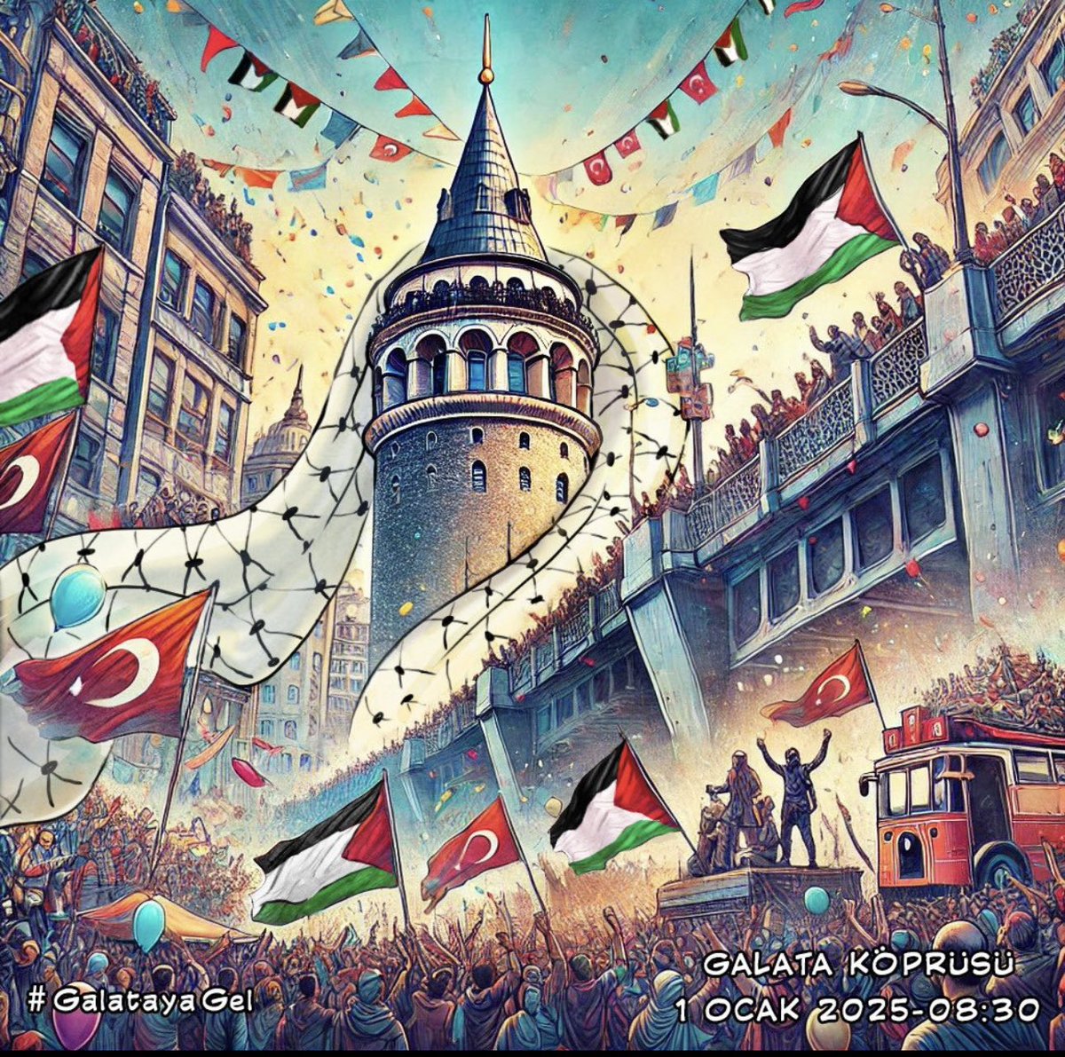 Mazlumların için, insanlık için zulme karşı bir duruş sergile #GalatayaGel

1 Ocak sabahı, adalet için ayağa kalkıyor, Filistin’in sesi oluyoruz. Şehitlerimize rahmet, Filistin’e destek için buluşuyoruz.

📍 Tarih: 1 Ocak 2025
🕒 Saat: 08.30
📌 Yer: Galata Köprüsü