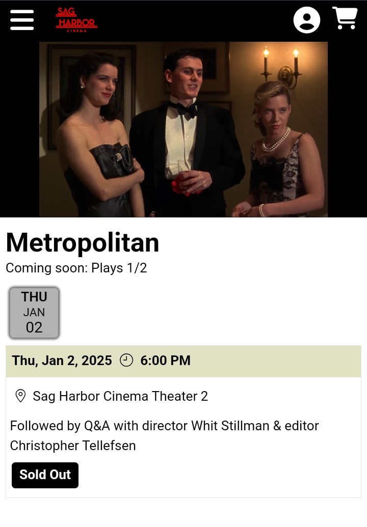 WhitStillman's tweet photo. #Metropolitan at the Sag Harbor Cinema Jan. 2nd SOLD OUT! Upcoming screenings: Jan. 2 @ICALondon & Jan. 4 @BarrymoreFilm. Also, #BarcelonaMovie Jan. 3 #ICALondon (on 35mm) @shc https://t.co/whHUkzaYQC