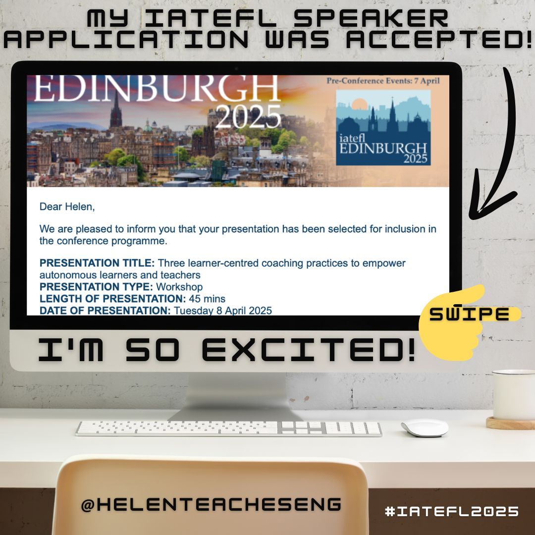 HelenTeachesEng's tweet image. 1 month ago today (when I had the flu) I heard my #IATEFL2025 Conference speaker application for #IATEFLEdinburgh has been accepted!
&quot;Three #LearnerCentred coaching practices to empower autonomous learners &amp;amp; teachers&quot; 45min workshop on Tues 8 April 2025
iateflconference.org