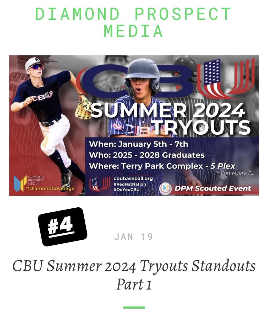 Top 10 Stories Countdown for the Year 2024: No. 4 features the <a href="/CBU_FL/">🇺🇸CBU🇺🇸</a> Summer 2024 Tryouts Standouts Part 1 which highlighted plenty of top performers lead by 2026 RHP <a href="/Jimmyhuard10/">James Huard</a> who now sits in the mid 90s FB, recently committed to <a href="/VandyBoys/">Vanderbilt Baseball</a> #DoYouCBU diamondprospectmedia.com/newsreports/r6…
