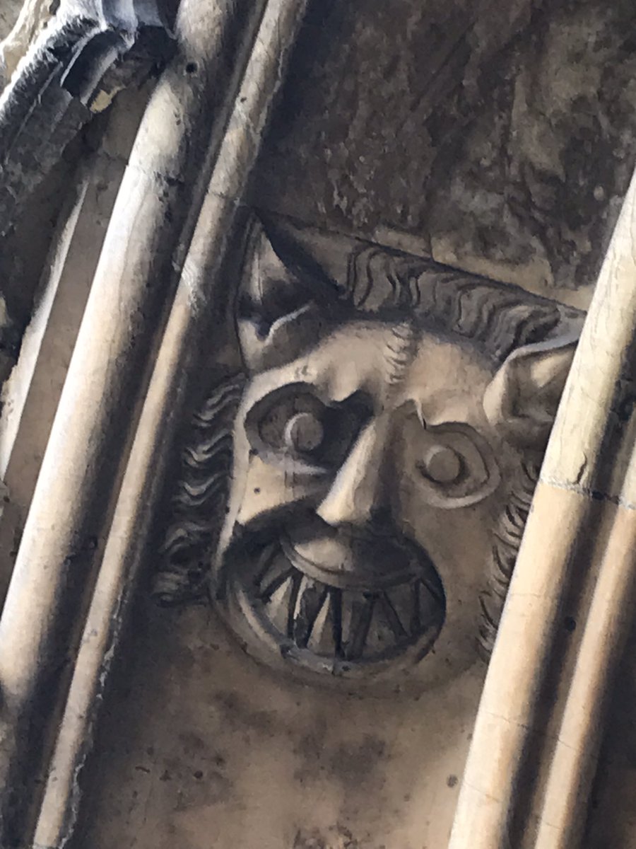 Foliate spewing head, Beverley Minster. #GreenMan. 
I was hoping to find the (Lewis Carroll inspiring) rabbit carving at nearby St Mary’s church, but it was closed. Although there were great carvings outside, including these cat/demon faces.