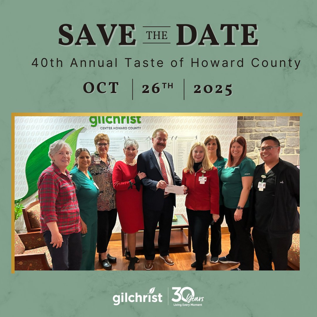 📅 SAVE THE DATE: Join us for the 40th Annual Taste of Howard County October 26, 2025, at Turf Valley Resort.
 
Want to be part of this incredible event &amp; make a tax-deductible sponsorship before year end? Contact drdaniels@gilchristcares.org or call 443.721.6110 to learn more.