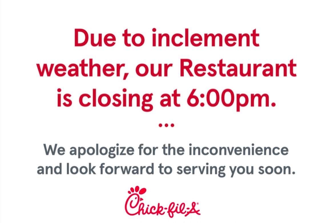 We will be closing early tonight at 6:00 p.m.! Stay safe Starkville!⛈️