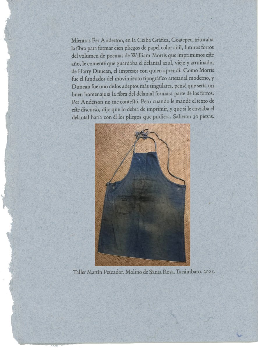 Per Anderson, de La Ceiba Gráfica en Coatepec, hizo 30 pliegos de papel con el delantal de mi maestro de imprenta (1916-1997); en ellos imprimí el texto que leí en voz alta en la plaza de Tacámbaro a principios de septiembre del año que está a punto de extinguirse.