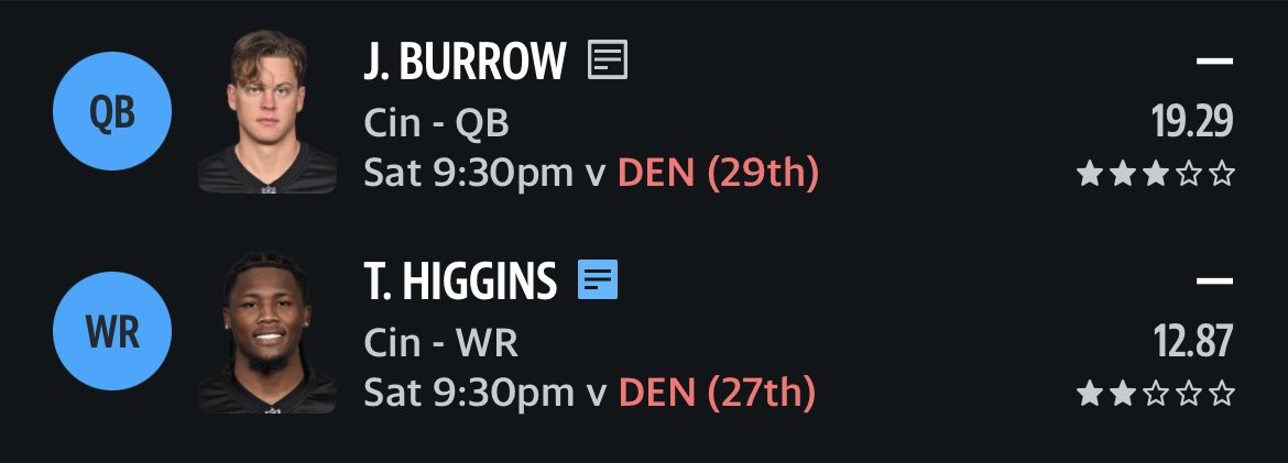 One last time boys, stuck with them the whole season. Let’s ride into the (fantasy) sunset <a href="/JoeyB/">Joey Burrow</a> <a href="/teehiggins5/">Tee Higgins⁵</a>
