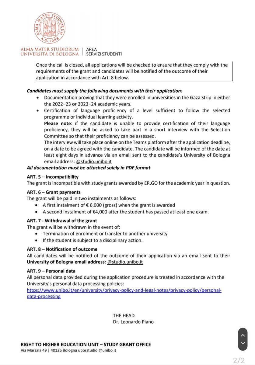 The University of Bologna, ITALY is offering 9 study grants of €10,000 (gross) to students from the Gaza Strip to pursue studies in Bologna during the 2024−25 AY.
bandi.unibo.it/s/abis1/univer…
Deadline: Feb 28,2025.
Course type: Bachelor's, Single-cycle Master's, Master's Degree