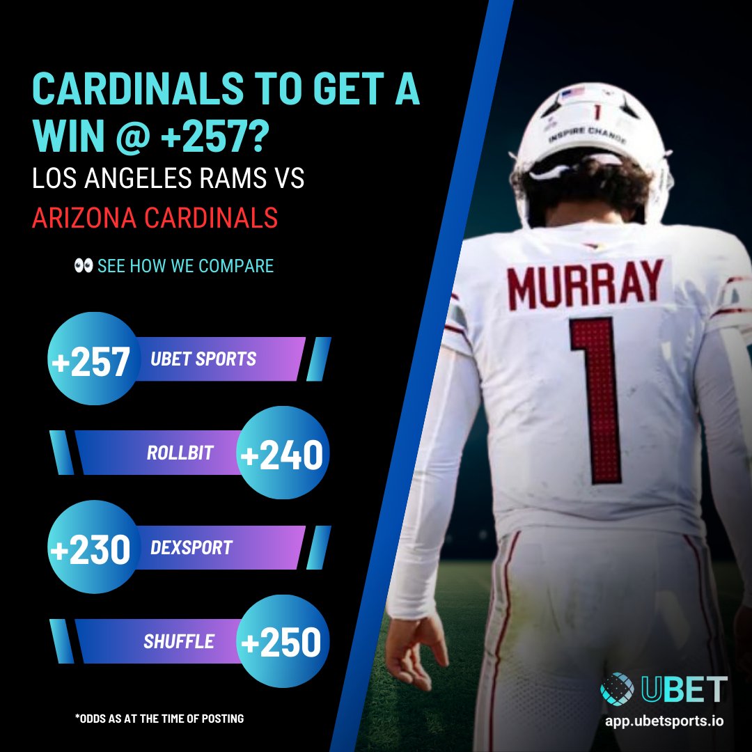 UBET Sports 🎲⚖️🏦 - A Decentralized Sportsbook (@ubet__sports) on Twitter photo BIG ODD alert!
We're offering +257 odds for the <a href="/AZCardinals/">Arizona Cardinals</a> to secure a win against the <a href="/RamsNFL/">Los Angeles Rams</a> in this exciting NFL showdown!
Don’t miss out on this incredible opportunity.
Check out how our odds stack up against other bookmakers! BIG ODD alert!
We're offering +257 odds for the <a href="/AZCardinals/">Arizona Cardinals</a> to secure a win against the <a href="/RamsNFL/">Los Angeles Rams</a> in this exciting NFL showdown!
Don’t miss out on this incredible opportunity.
Check out how our odds stack up against other bookmakers!