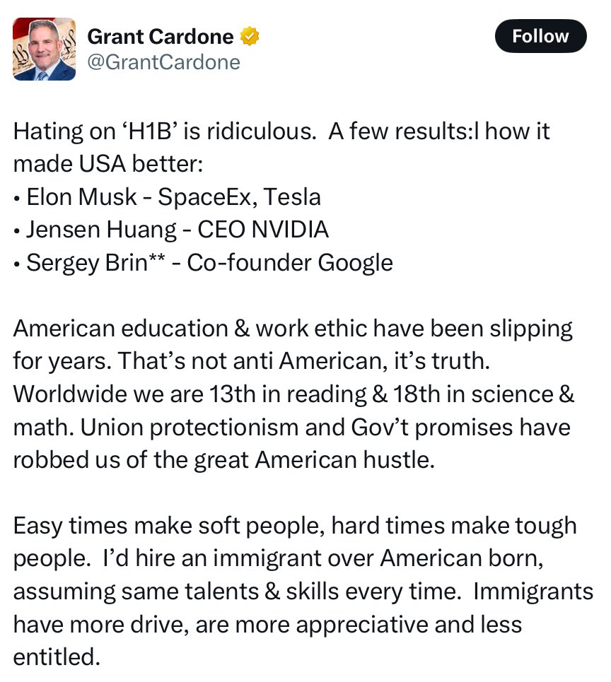 yashar's tweet photo. Grant Cardone, a major Trump supporter and militant Scientologist, is being yelled at by MAGA loyalists for this tweet, but there’s something he isn’t mentioning.

Scientology, the organization to which he has donated tens of millions of dollars and wields enormous power, relies heavily on so-called employment-based visas.

In the case of Scientology, the organization trafficks members of its workforce, known as the Sea Org, into the United States to serve as virtually enslaved labor.

How does it do this? Through R-1 visas for religious workers (Scientology is not a religion but, unfortunately, has religious status).

The most important thing in a Scientologist’s life is Scientology — there is nothing else; it’s more important than their children.

Grant is enormously powerful within Scientology thanks to his profile and donations. He is one of the few civilian Scientologists with direct access to David Miscavige.

So while Grant is talking about H-1B visas here, he and Scientology will slowly begin to lobby to protect these types of employment visas because, without them, Scientology would face collapse in the United States.

It simply would not have the workforce it needs to keep its operations running without the ability to traffick these Sea Org members into the United States.