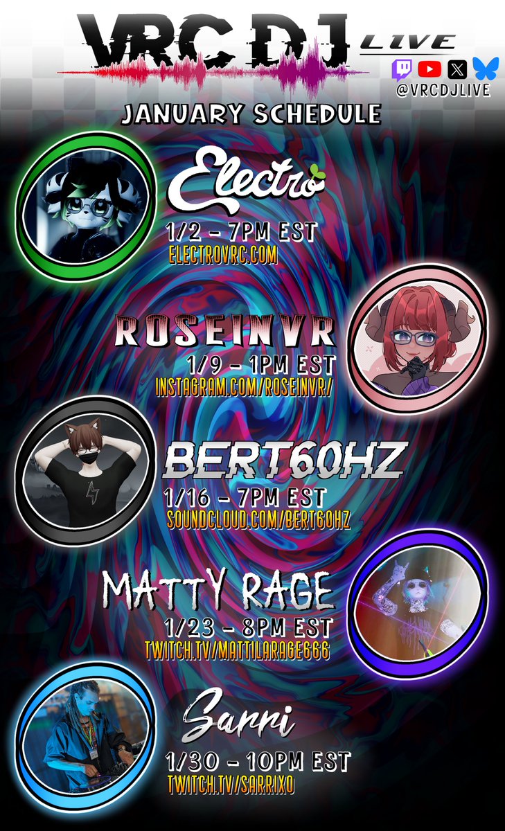 We're getting ready for a very exciting 2025, especially with this month's special guests! Make sure to keep up with our live streams every Thursday, and check out our REPLAYS on YouTube!

<a href="/ElectroVRC/">Electro 🌱 | 🦋 @electrovrc.com</a> <a href="/roseinvr/">roseinvr</a> <a href="/bert60hz/">Bert</a> #MattyRage <a href="/DJSarrixo/">Sarri</a> 

twitch.tv/vrcdjlive