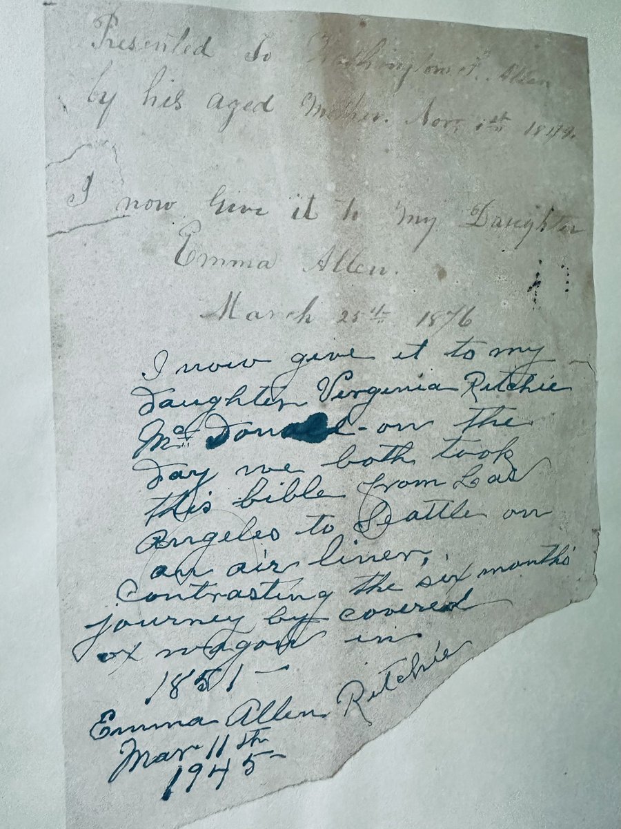 odonnell4judge's tweet image. 175 years ago, my great, great, great grandmother passed the family bible to her son on an ox-pulled covered wagon on the Oregon trail.
In 1945, my great grandmother passed the Bible on to my grandmother on an airplane.
Today, my mom passed it to me in a self driving @Tesla .