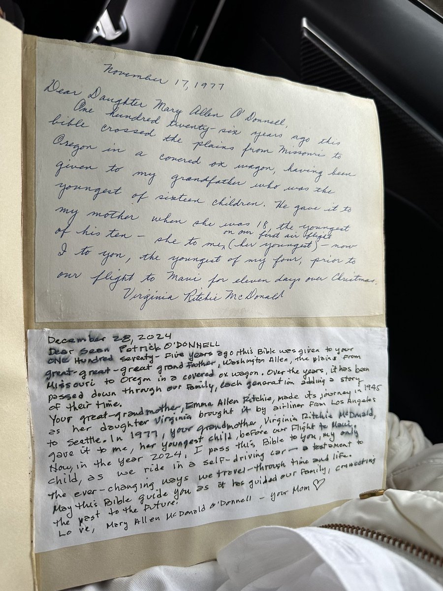 odonnell4judge's tweet image. 175 years ago, my great, great, great grandmother passed the family bible to her son on an ox-pulled covered wagon on the Oregon trail.
In 1945, my great grandmother passed the Bible on to my grandmother on an airplane.
Today, my mom passed it to me in a self driving @Tesla .