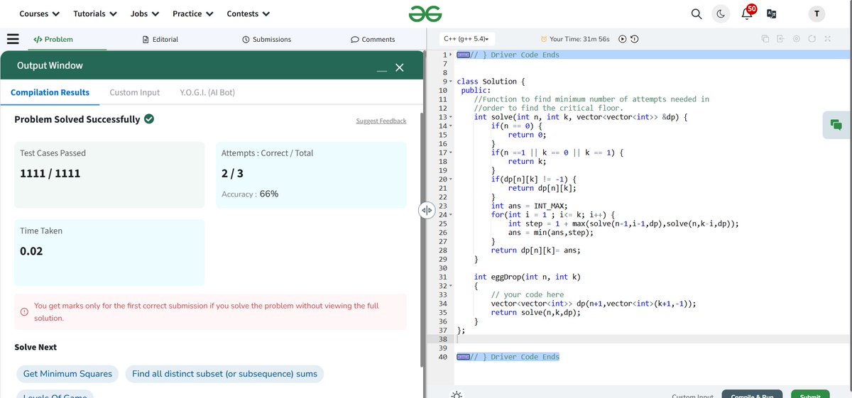10__ishqa's tweet photo. Day 72 of #Code 
Solved Egg dropping puzzle and gold mine problem
in @geeksforgeeks in DP
#CodingChallenge https://t.co/DrkXlOBMiq