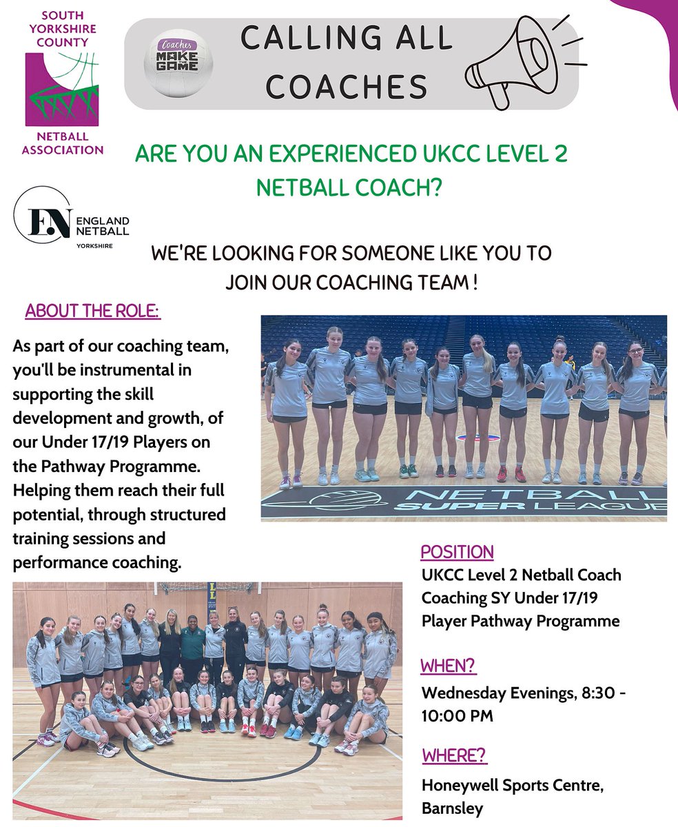 SY Netball (@synetball) on Twitter photo βΌοΈαOα©ααΌIαG OααOαTααITYΒ π£
βοΈ Submit an expression of interest, outlining why you're interested and what you can bring to the role and our coaching team.Β
π§ For an informal discussion email Kelly Skiller - kellyskiller69@gmail.comΒ
β° Deadline: 10th January 2025 βΌοΈαOα©ααΌIαG OααOαTααITYΒ π£
βοΈ Submit an expression of interest, outlining why you're interested and what you can bring to the role and our coaching team.Β
π§ For an informal discussion email Kelly Skiller - kellyskiller69@gmail.comΒ
β° Deadline: 10th January 2025