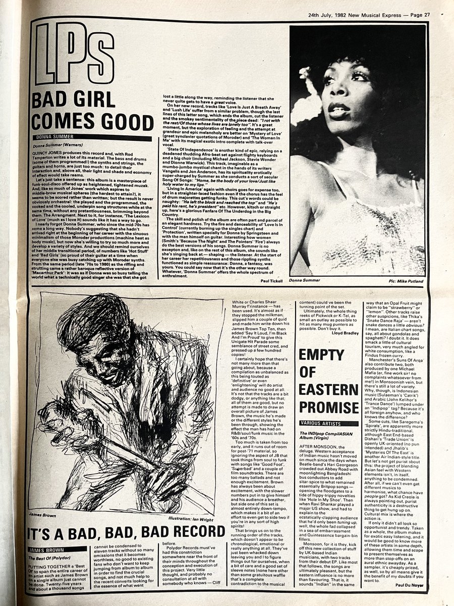 nme1980s's tweet image. Donna Summer, James Brown, ‘The IndiPOP CompilASIAN Album’.
LP reviews by Paul Tickell, Lloyd Bradley, Paul Du Noyer.
Illustration by Ian Wright, photo by Mike Putland.
New Musical Express, 24 July 1982.