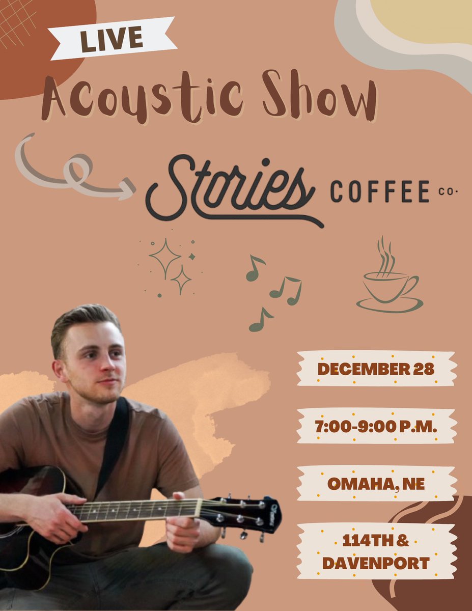 ryan_kenney3's tweet photo. Omaha friends! I’m playing a solo acoustic show at Stories Coffee (114th &amp; Davenport) at 7 p.m. tonight!

Come by for some great coffee—or wine ;)—and company! 

I’ll be playing a mix of originals (including some unreleased treats) and crowd-favorite covers 🎶 https://t.co/agF0QwSdSA