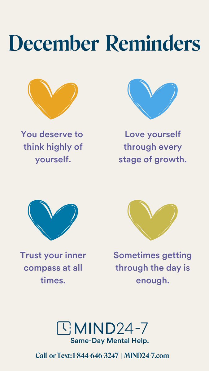 MIND_24_7's tweet photo. December can feel heavy, but you're not alone. Take time for self-care, reach out to loved ones, and honor your feelings. Mental health matters all year round.#Decemberreminder #MentalWellBeing #SelfCompassion #MentalHealthMatters #MIND247 https://t.co/xVCUi7TWG9