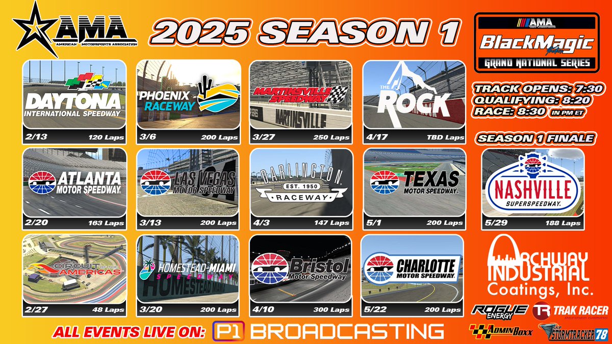 🏁 Ready to Race? Join AMA for 2025!

🛻 Trucks (Fri) | 🚗 Xfinity (Thurs)
Fixed setups, real NASCAR schedule!
🌟 Special events: Daytona 500, Snowball Derby &amp; more!
🎥 Broadcasts by <a href="/P1Broadcasting/">P1 Broadcasting</a>

💬 Join today: discord.gg/pTZUYhmSHv

#SimRacing #iRacing #AMA #RacingLeague