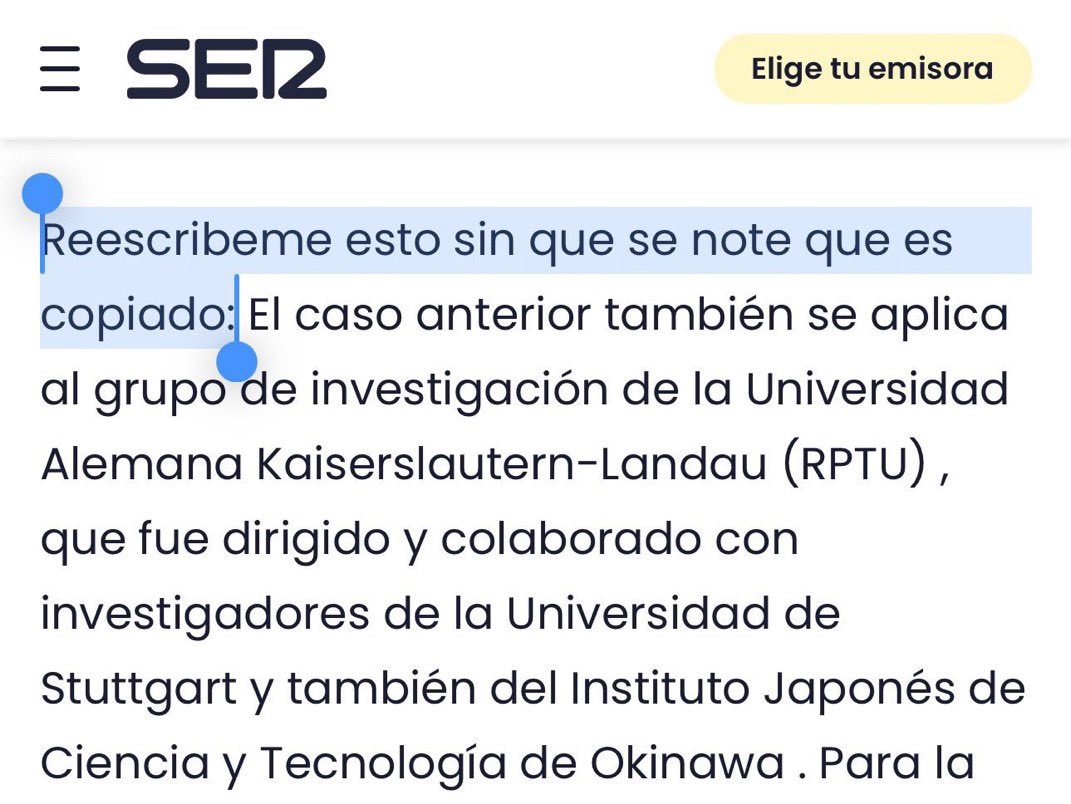A la Cadena SER se le cuela en una noticia de su web la frase “reescríbeme esto sin que se note que es copiado”.
