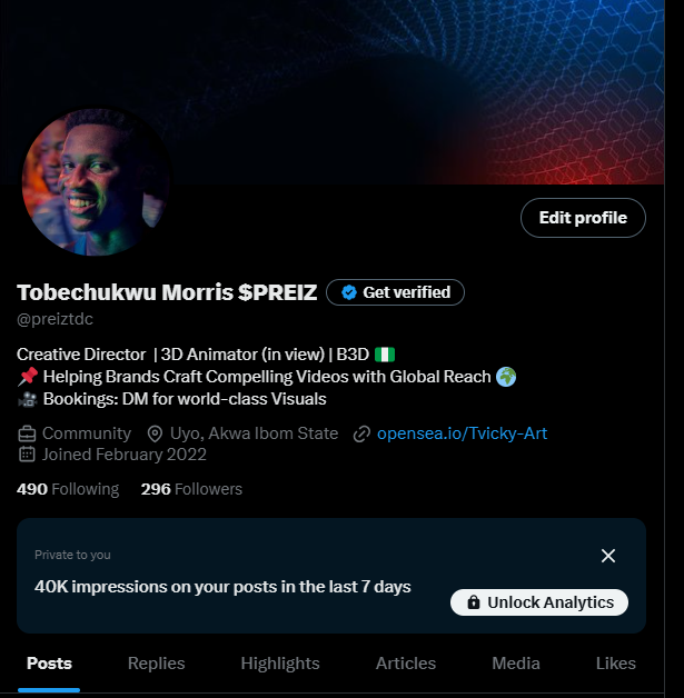 preiztdc's tweet photo. Road to 50k Post Post Impression

My Name is Preiz TDC

I help Web3 Event Organizers/Ambassadors craft compelling teasers and highlight videos that enhance event visibility and post-event experience.

I Help Web3 Enthusiast Craft Videos for Airdrop and Bounty contest
--- https://t.co/J0vRtuLh92