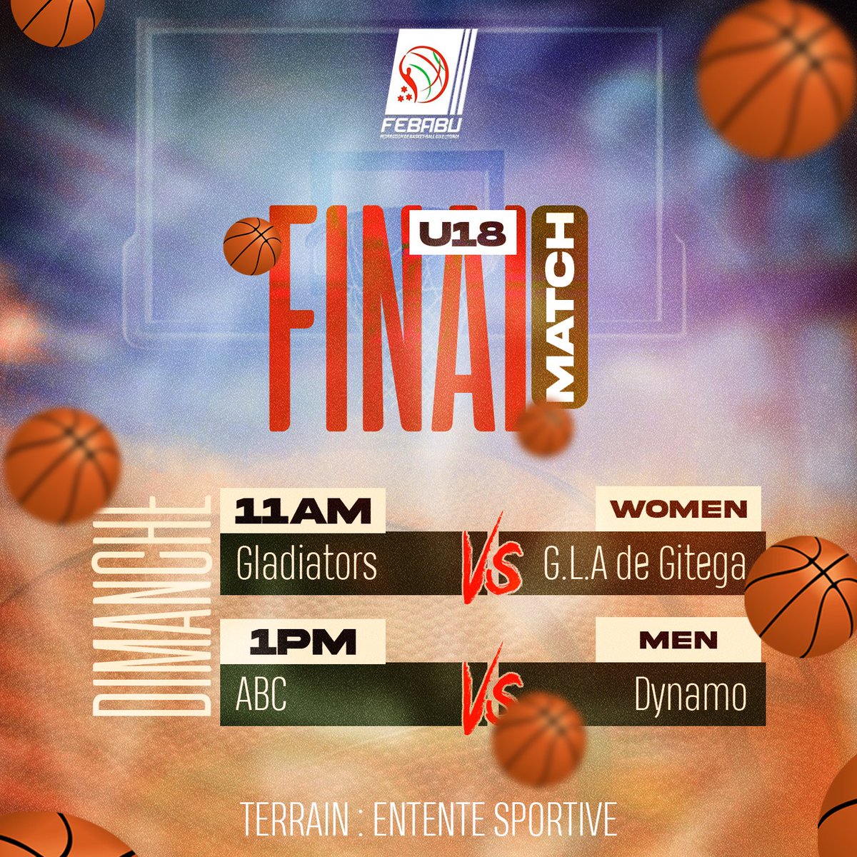 La finale des académies U18 garçons et filles (Youth Basketball Competition)avec de belles affiches .
Venez nombreux soutenir nos athlètes au terrain de l’entente sportive à partir de 11h.

#Febabu
#Fibaafrica