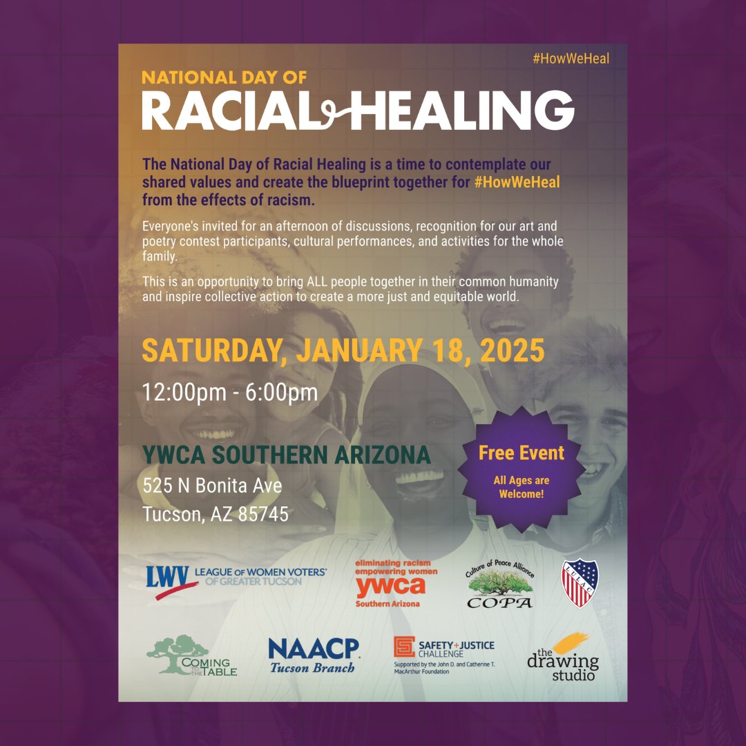 Don’t miss this free community event 👇👇!
📅 Saturday, January 18, 2025 | 🕒 12 PM - 6 PM
📍 YWCA Southern Arizona

#HowWeHeal #NationalDayOfRacialHealing #SaturdayVibes #EVENT