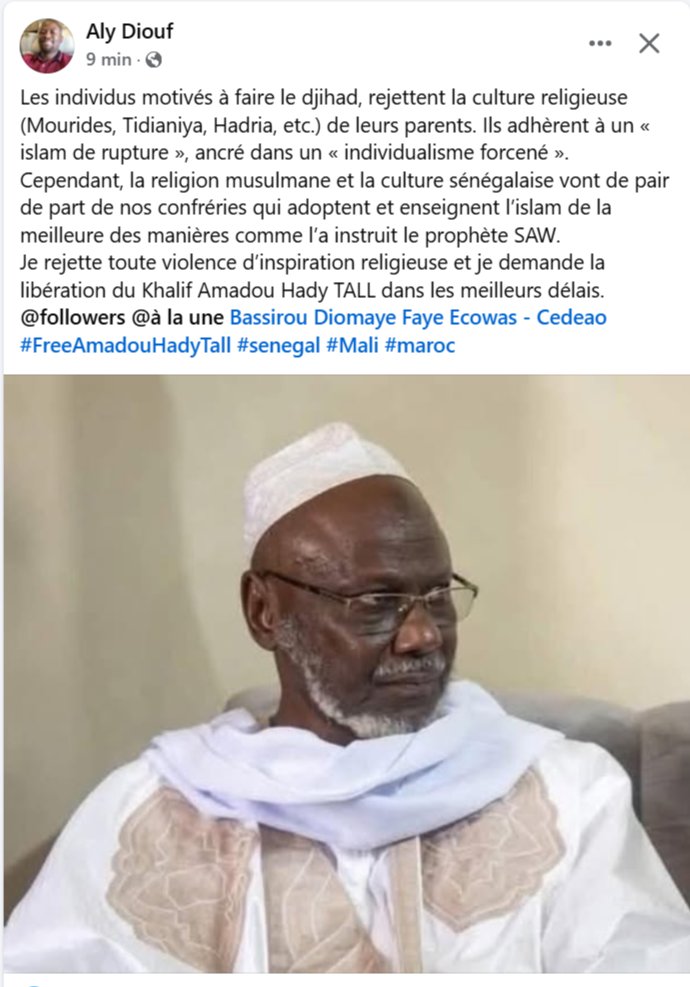 AfreecainL70834's tweet photo. La paix, promue par des leaders religieux à travers des enseignements modérés, est une valeur centrale.  Nous demandons la libération du Khalif TALL dans les meilleurs délais.  @AESinfos  @ecowas_cedeao  @ONU_fr  #freeTall https://t.co/L52EF7eukM