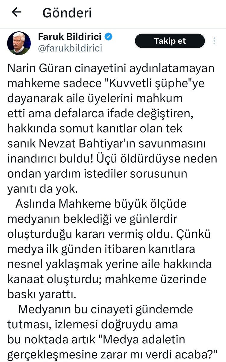 Gazeteci Faruk Bildirici'nin bu tweetine kesinlikle katılmıyorum. Şimdi mantıksızlıkları tek tek yazacağım.

➡️"Somut kanıtlar olan tek sanık" Nevzat Bahtiyar demişsiniz. Diğer sanıklar hakkındaki deliller soyut da, bi tek onunki mi somut?

➡️"Üçü öldürdüyse neden ondan yardım